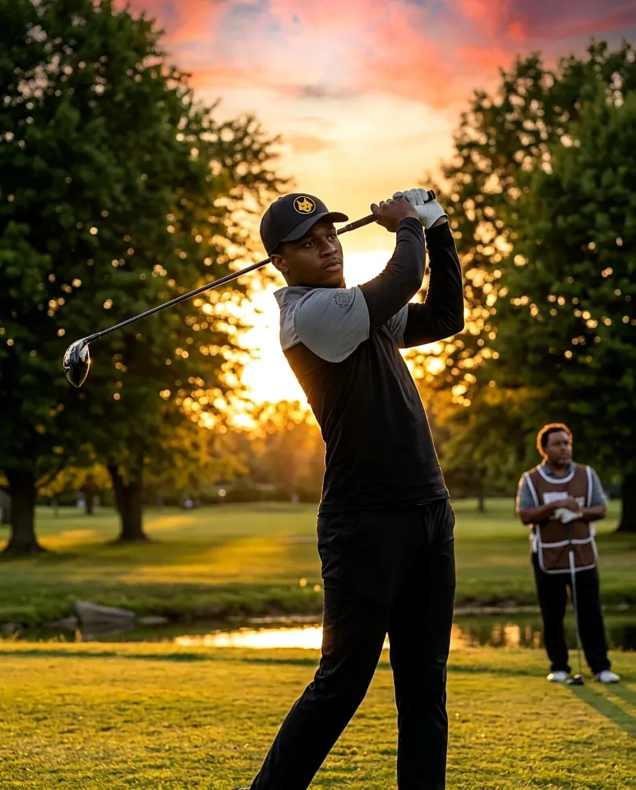 Jovem golfista com boné do Génesis a terminar o swing num campo verde ao pôr do sol