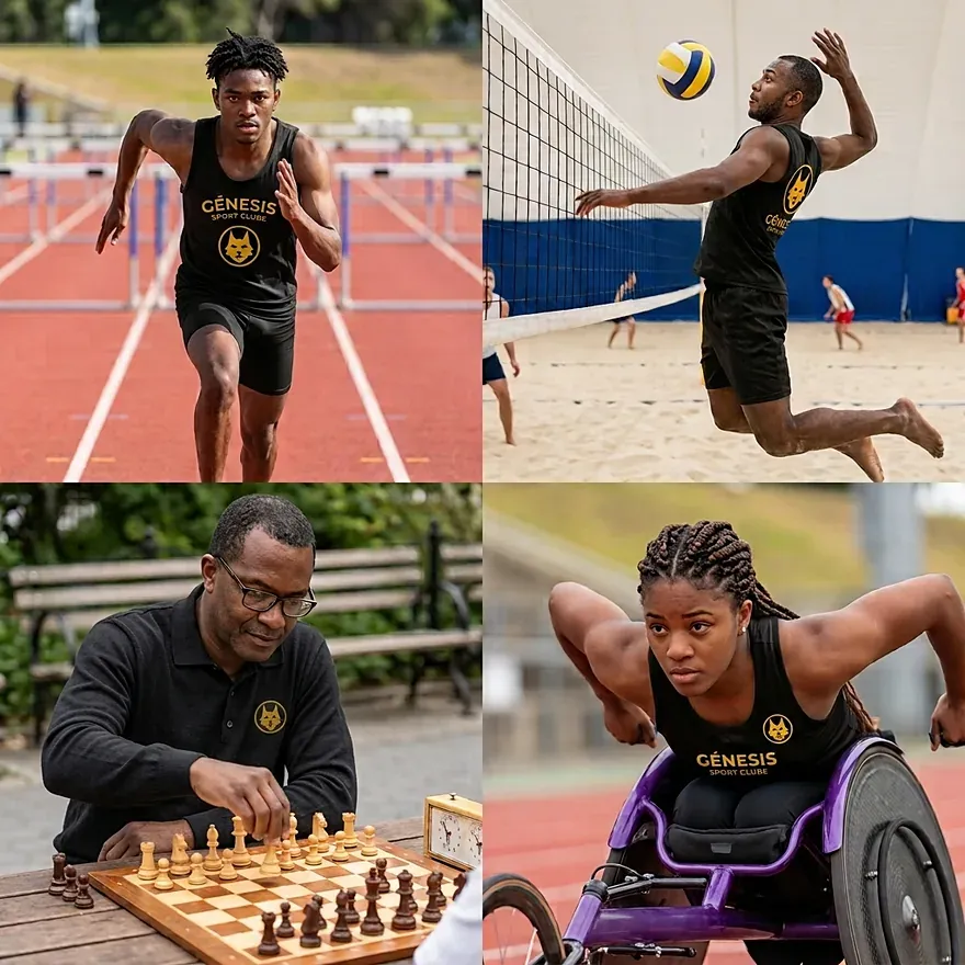 Montagem de quatro atletas do Génesis: corrida de barreiras, voleibol de praia, xadrez e atletismo em cadeira de rodas