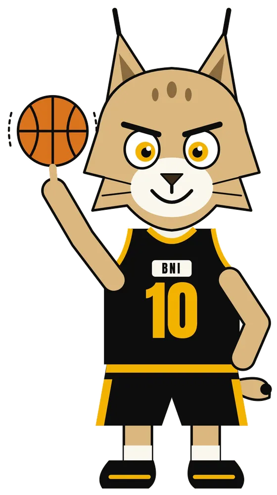 O Lince, mascote do clube, com o equipamento preto e amarelo número 10 e uma bola de basquetebol no dedo