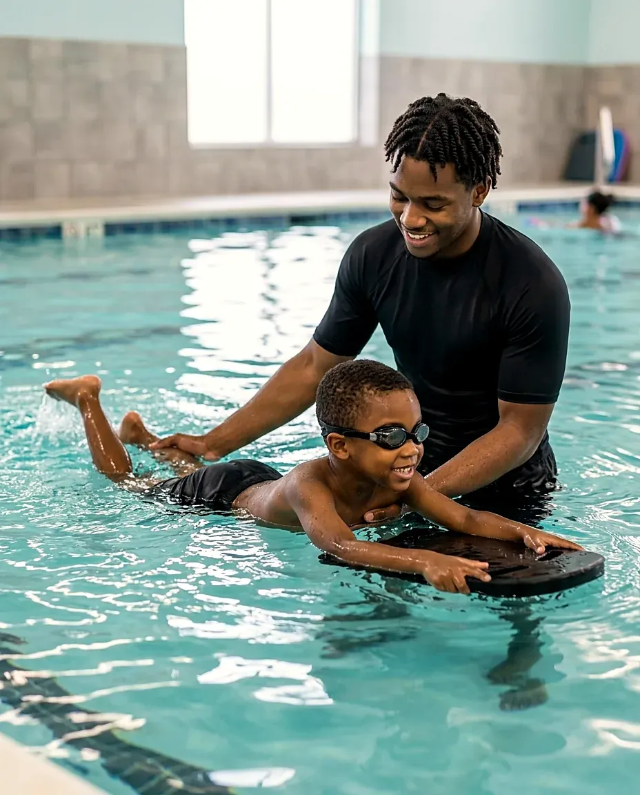 Criança de óculos de natação a aprender a nadar com uma prancha, apoiada por um instrutor sorridente numa piscina interior