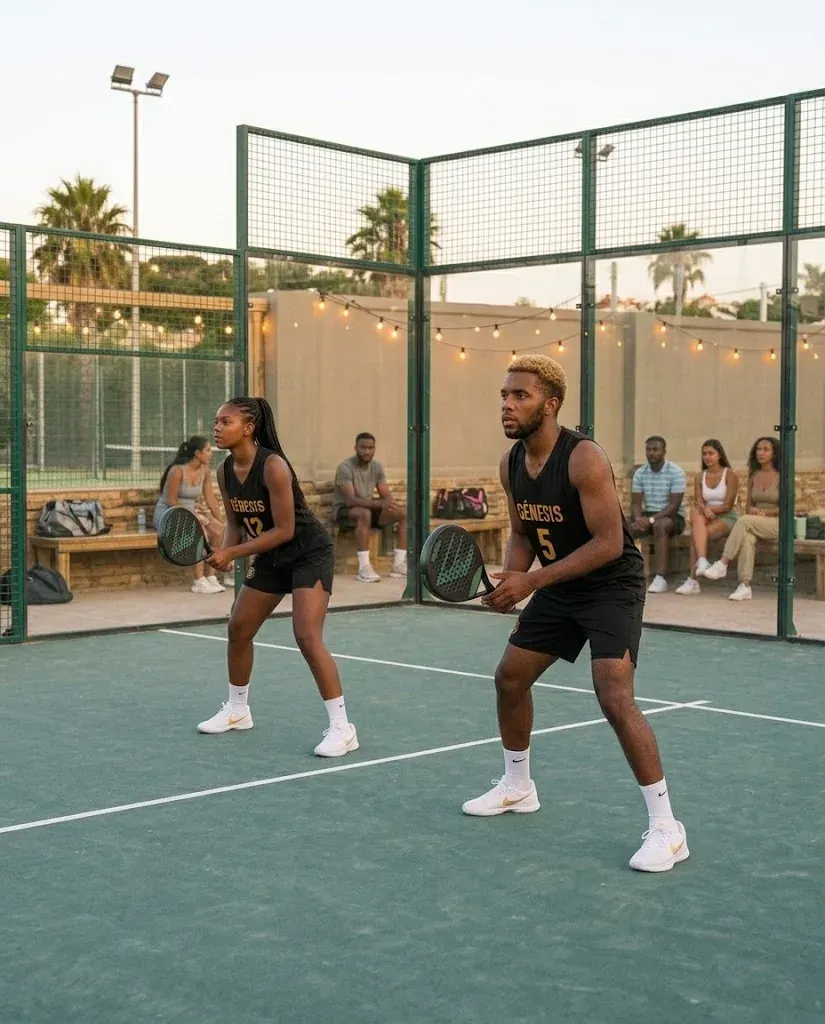 Dupla de padel do Génesis, uma rapariga e um rapaz com as camisolas 12 e 5, em posição de jogo num court ao fim da tarde