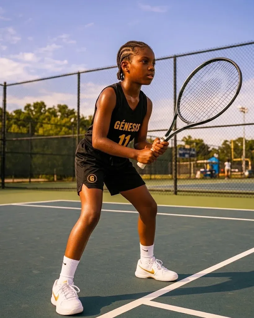 Jovem atleta do Génesis com a camisola número 11, de raquete na mão, pronta para receber a bola num court de ténis